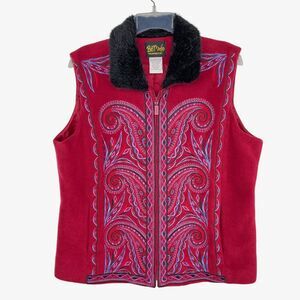 Bob Mackie Wearable Art Embroidered Fleece Vest Womens Red Faux Fur Paisley L